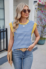 Contrast Striped Round Neck T-Shirt - Trendsi - Flyclothing LLC