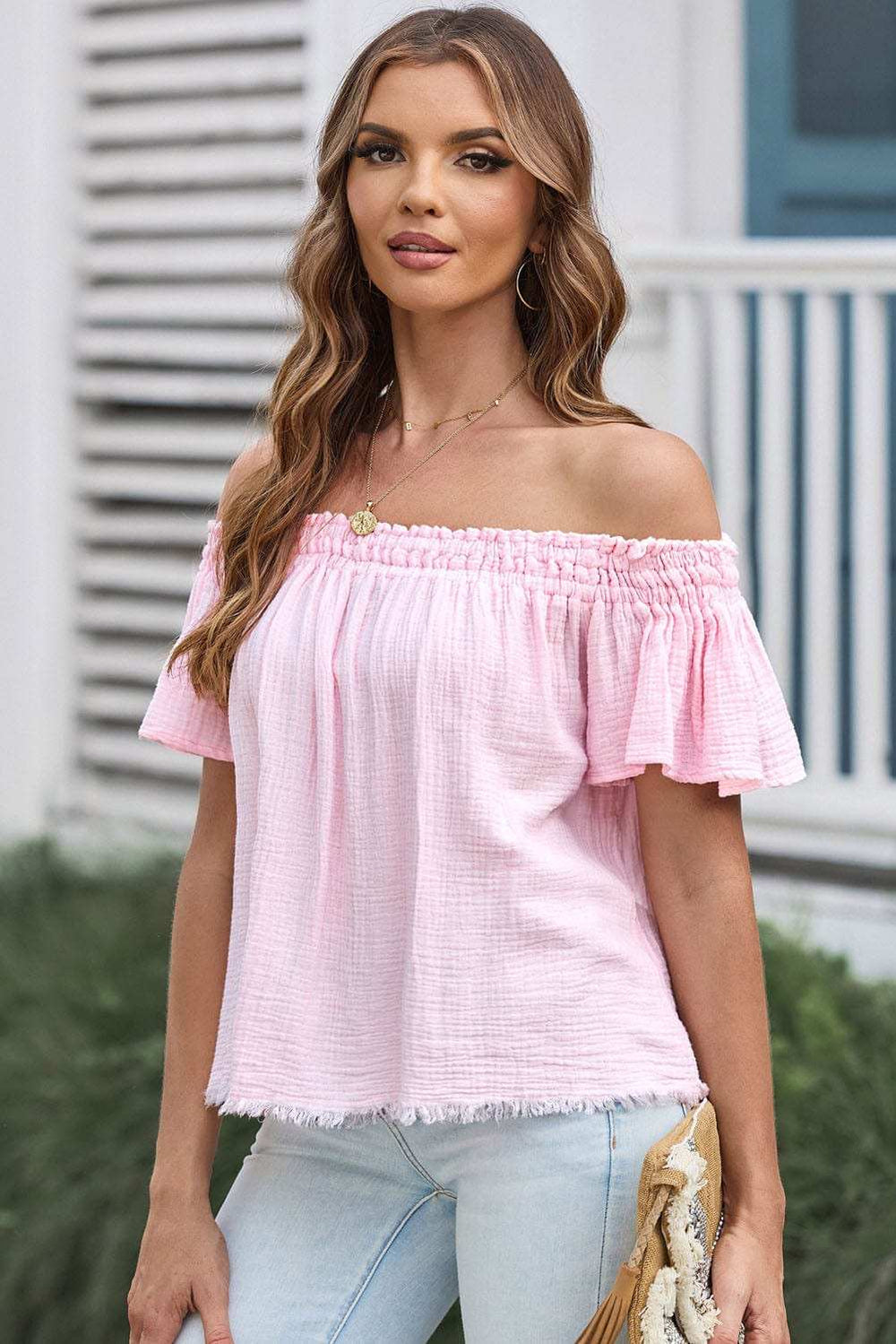 Off-Shoulder Short Sleeve Blouse - Trendsi - Flyclothing LLC