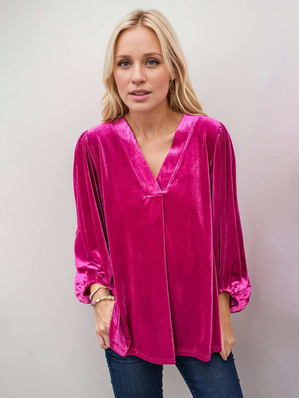 V-Neck Three-Quarter Sleeve Blouse - Trendsi - Flyclothing LLC