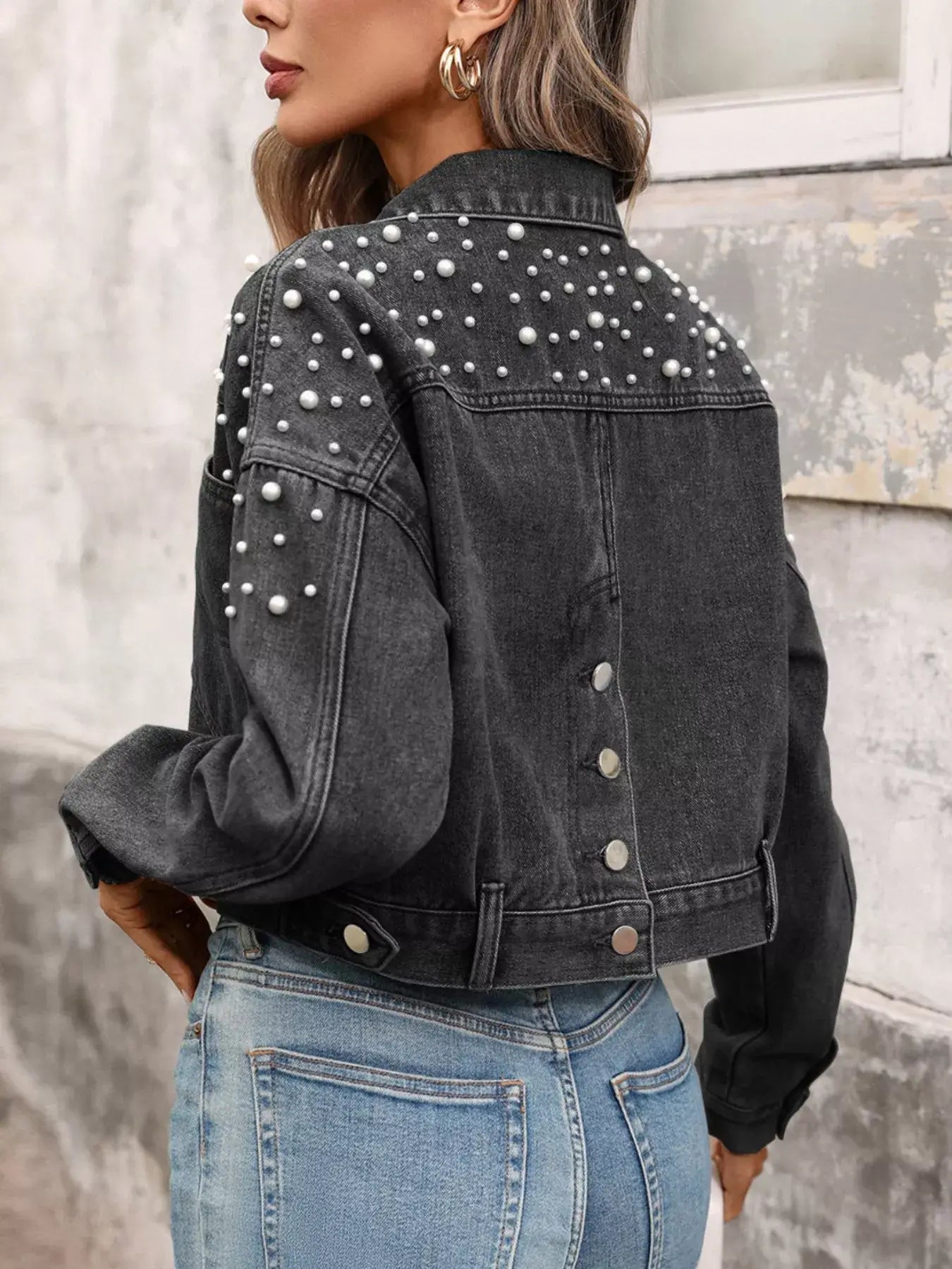 Pearl Embellished Cropped Denim Jacket - Trendsi - Flyclothing LLC