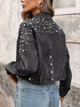Pearl Embellished Cropped Denim Jacket - Trendsi - Flyclothing LLC