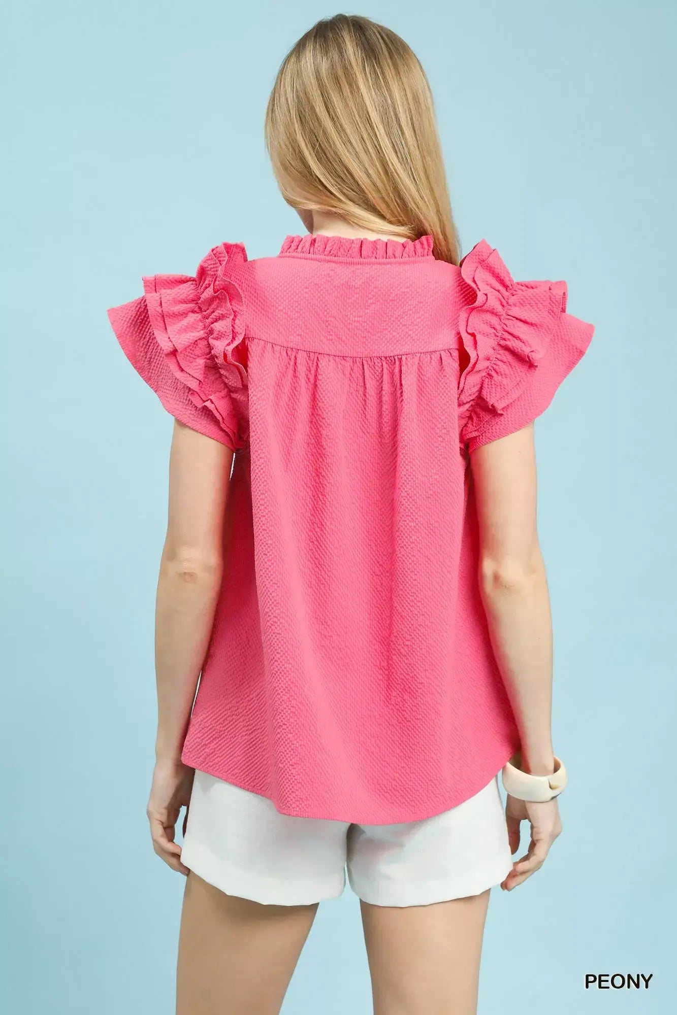 Umgee Textured Ruffle Sleeve Notched Top - Trendsi - Flyclothing LLC