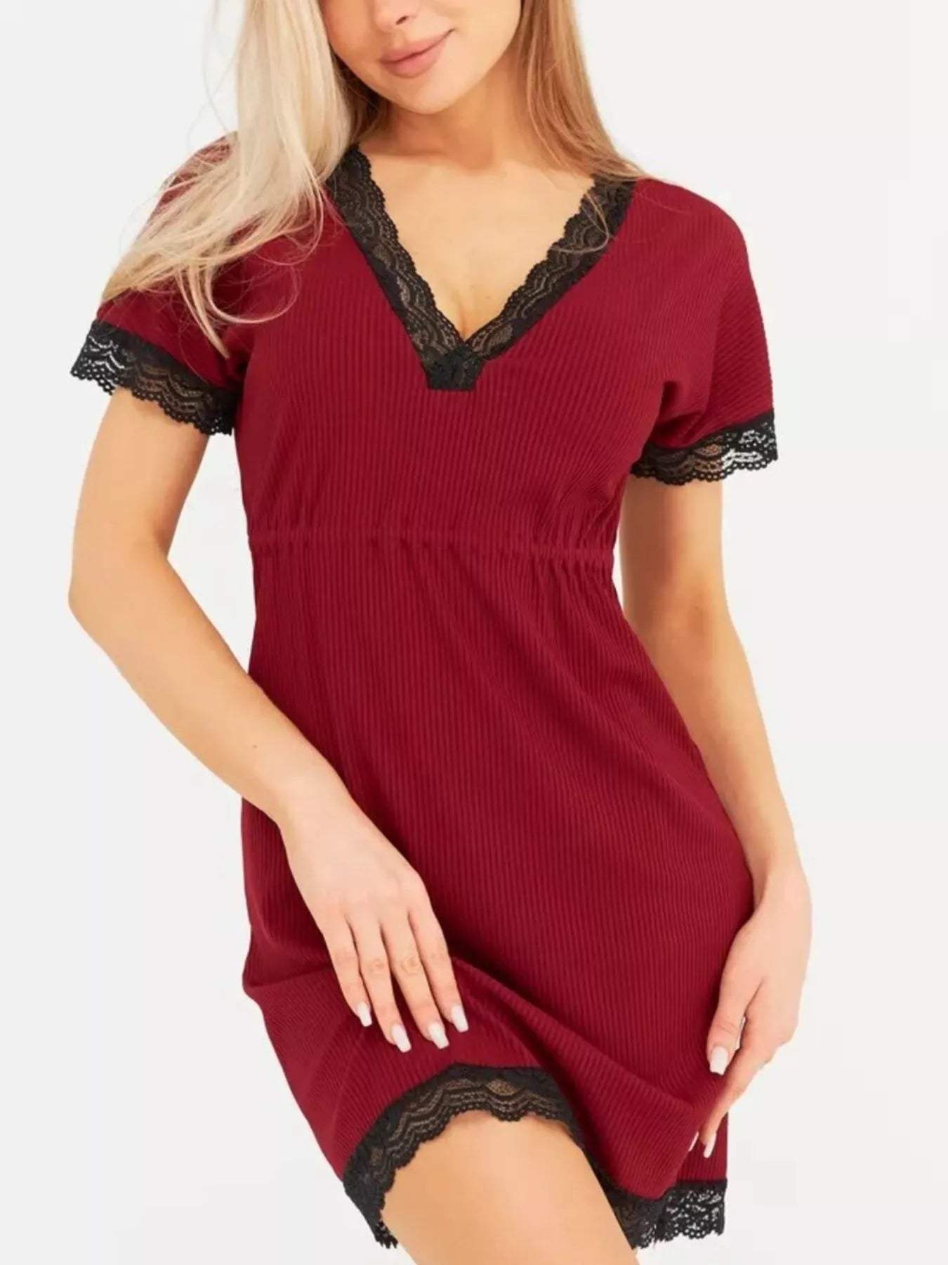 Full Size Ribbed Lace-Trim V-Neck Mini Dress Plus Size - Trendsi - Flyclothing LLC