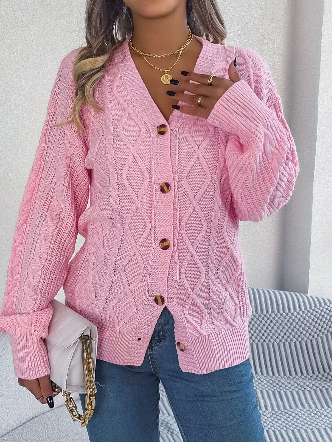 Cable-Knit Long Sleeve Cardigan - Trendsi