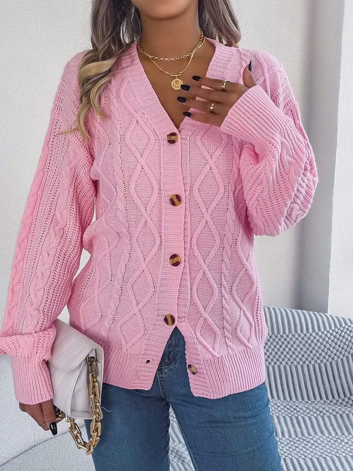 Cable-Knit Long Sleeve Cardigan - Trendsi - Flyclothing LLC