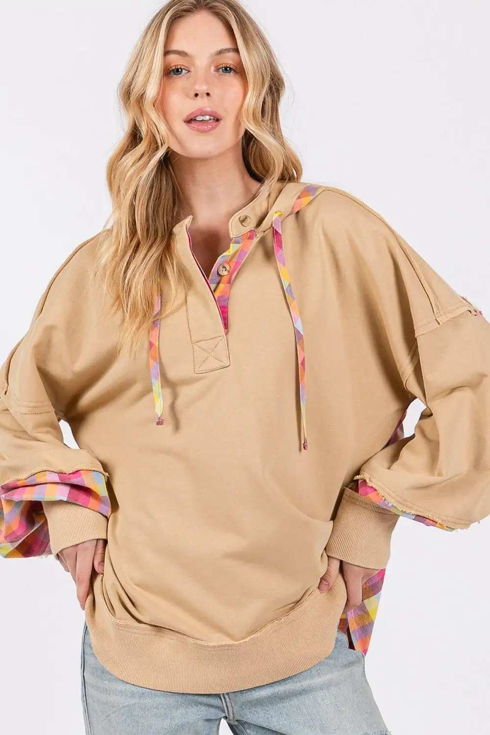 SAGE + FIG Full Size Plaid Print Washed Hoodie - Trendsi - Flyclothing LLC