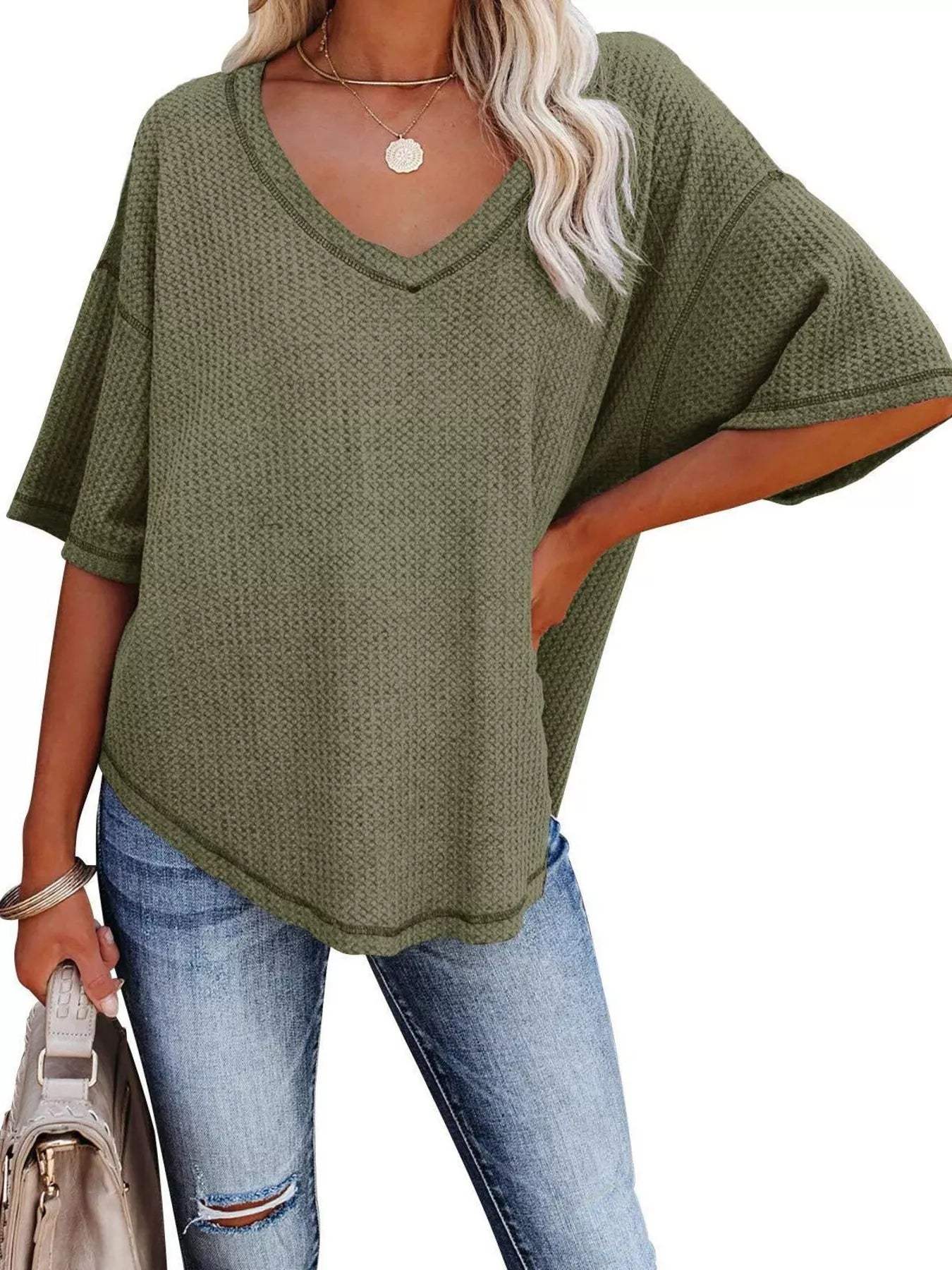 Waffle Knit V-Neck Short Sleeve T-Shirt - Trendsi - Flyclothing LLC