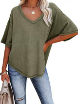 Waffle Knit V-Neck Short Sleeve T-Shirt - Trendsi - Flyclothing LLC