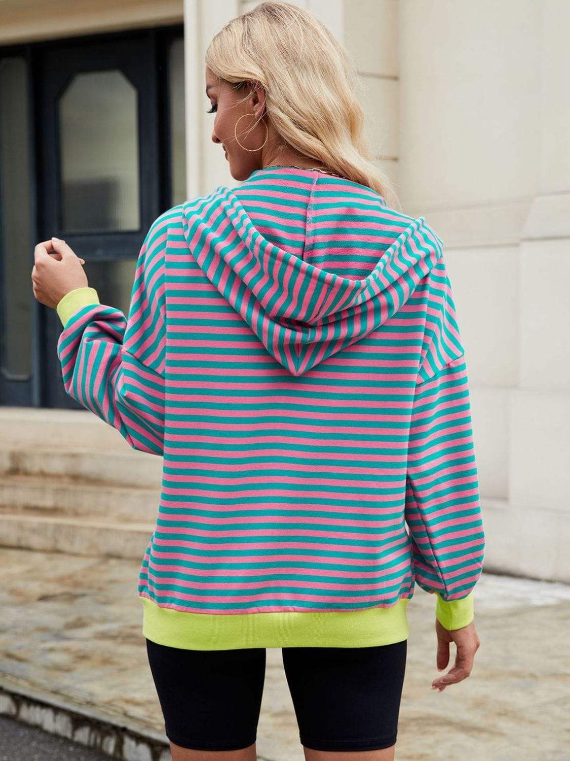 Drawstring Striped Zip Up Long Sleeve Hoodie - Trendsi - Flyclothing LLC