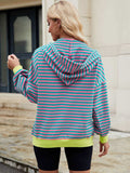 Drawstring Striped Zip Up Long Sleeve Hoodie - Trendsi - Flyclothing LLC