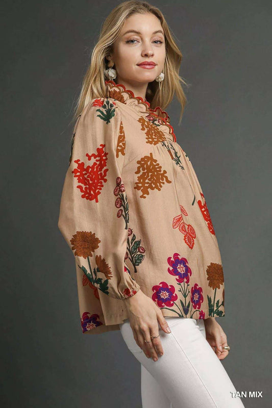 Umgee Flower Print Blouse with Scalloped Neckline - Trendsi - Flyclothing LLC