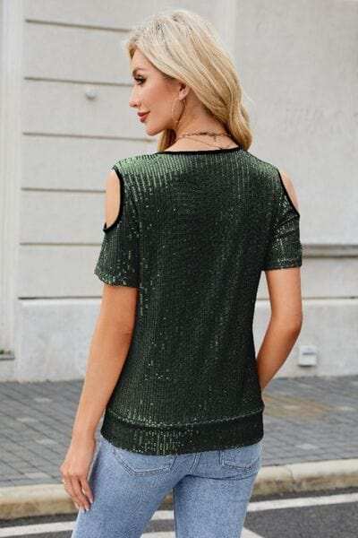 Sequin Cold Shoulder Short Sleeve Blouse - Trendsi - Flyclothing LLC