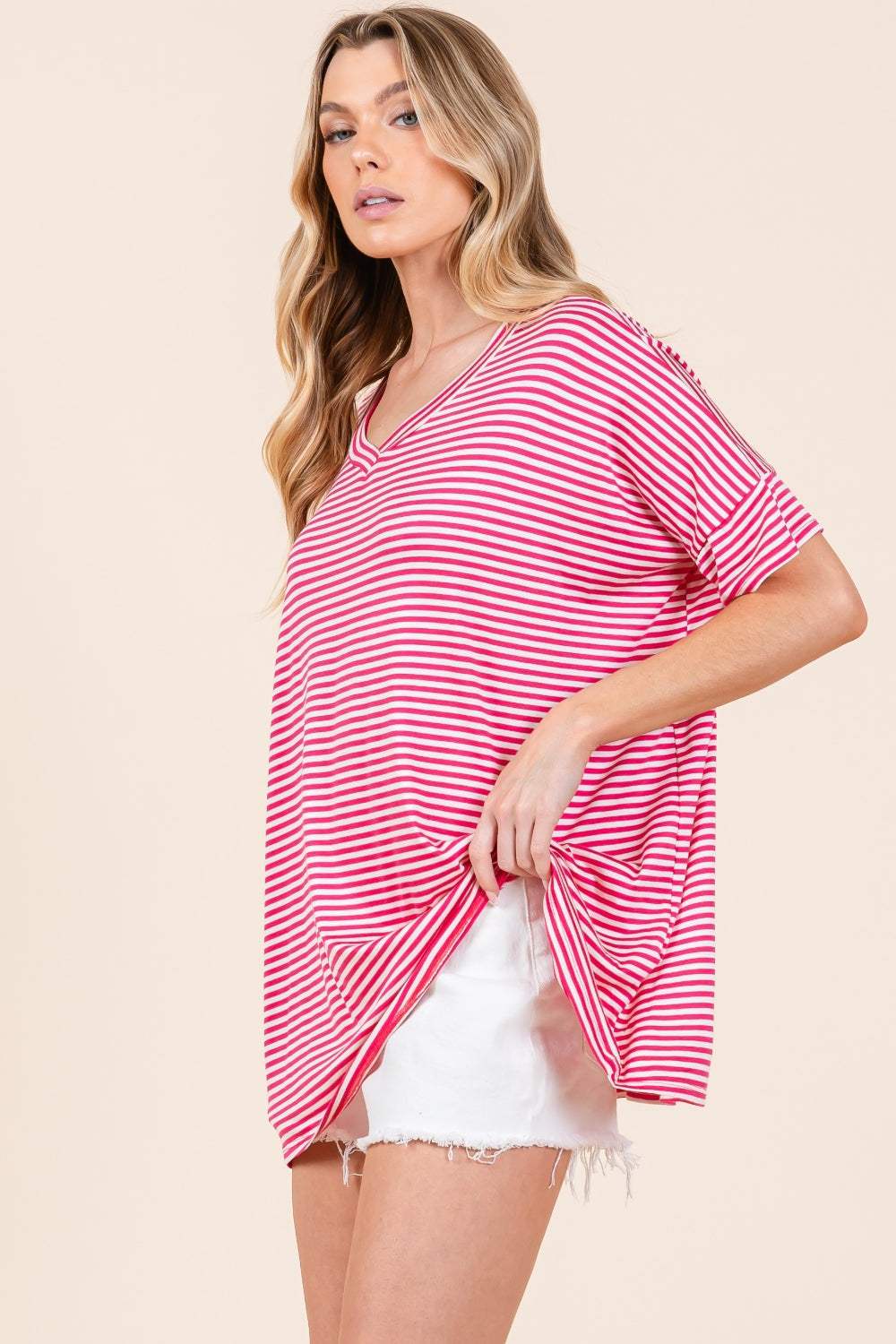 BOMBOM Striped V-Neck T-Shirt - Trendsi - Flyclothing LLC