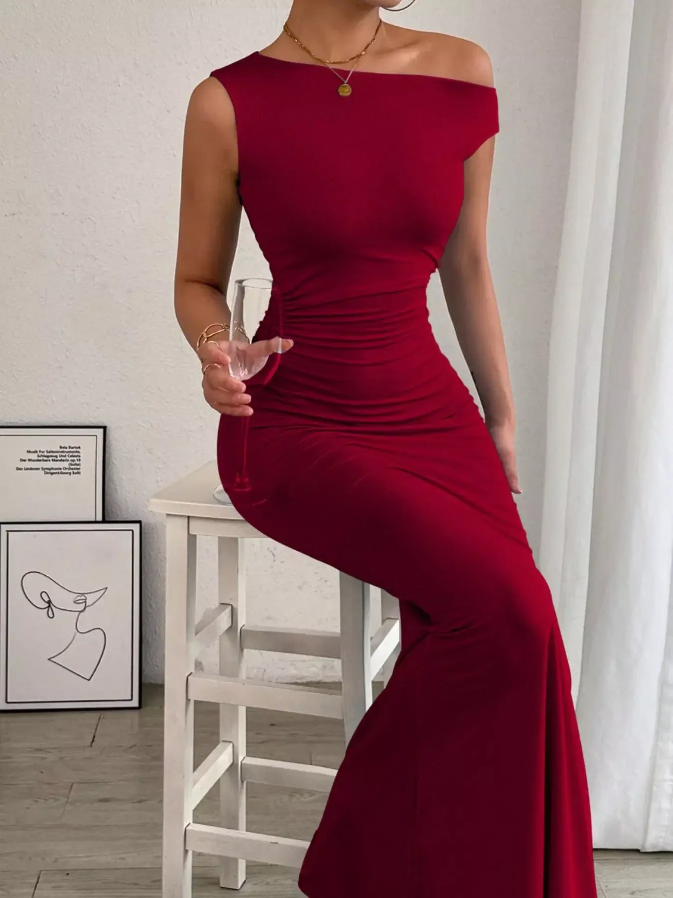 One-Shoulder Ruched Bodycon Maxi Dress - Trendsi - Flyclothing LLC
