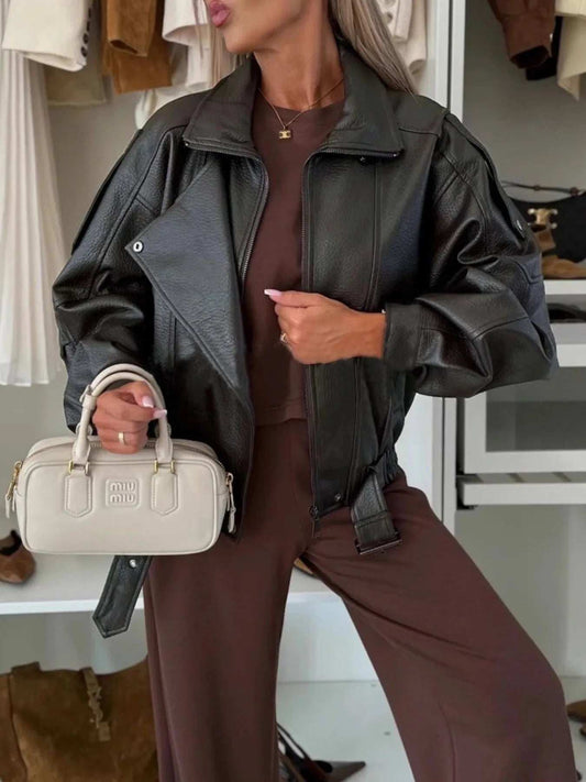 Leather Zip Up Jacket - Trendsi - Flyclothing LLC