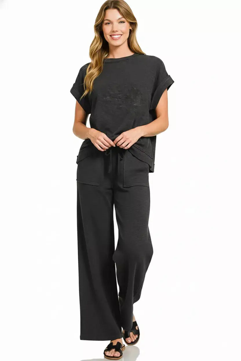 Zenana Cotton Slub Short Sleeve Tee and Pants Set - Trendsi - Flyclothing LLC