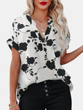 Full Size Printed Notched Short Sleeve Blouse - Trendsi