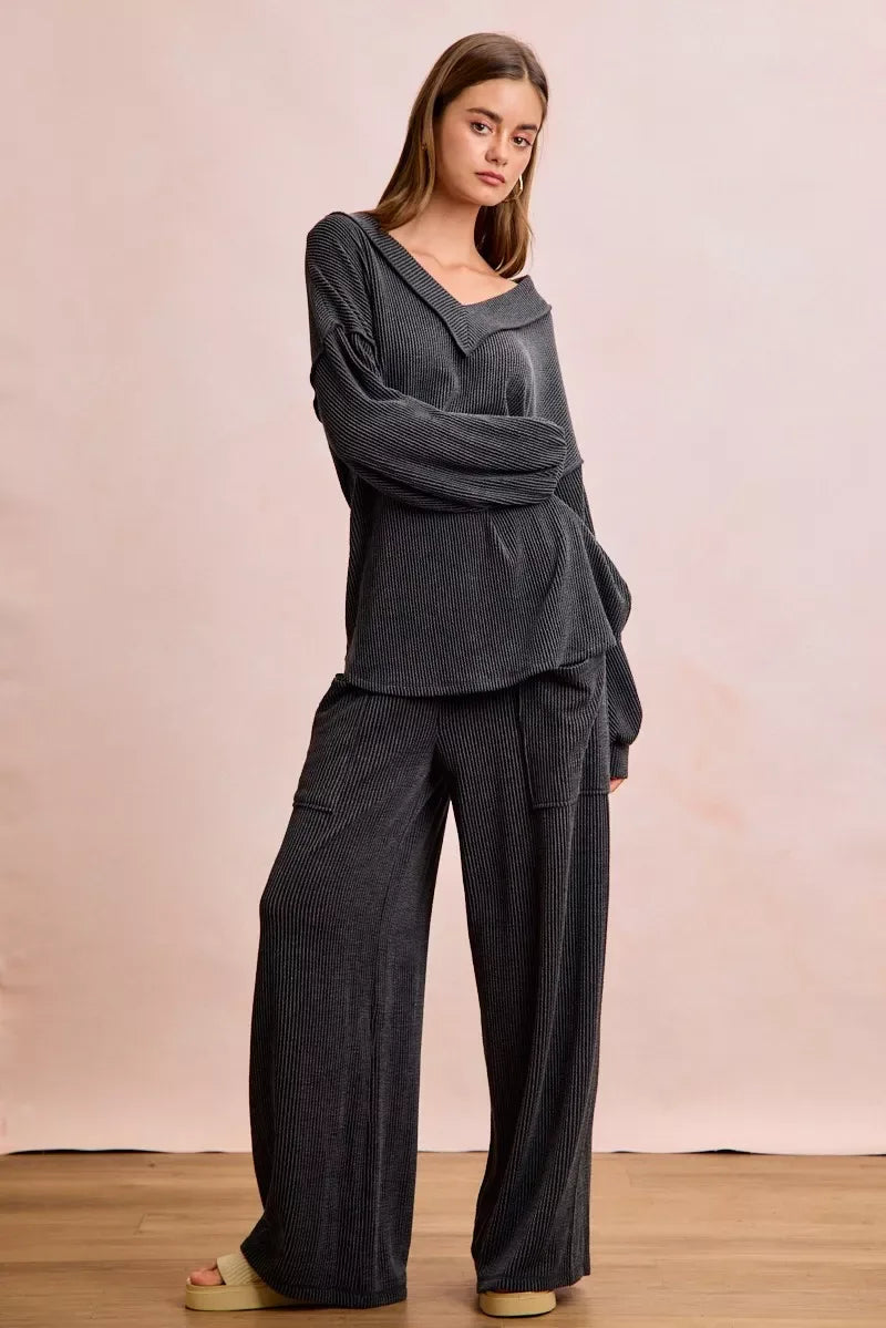 BiBi Two Tone Cord Rib Contrast Stitching V-Neck Top and Pants Set - Trendsi - Flyclothing LLC