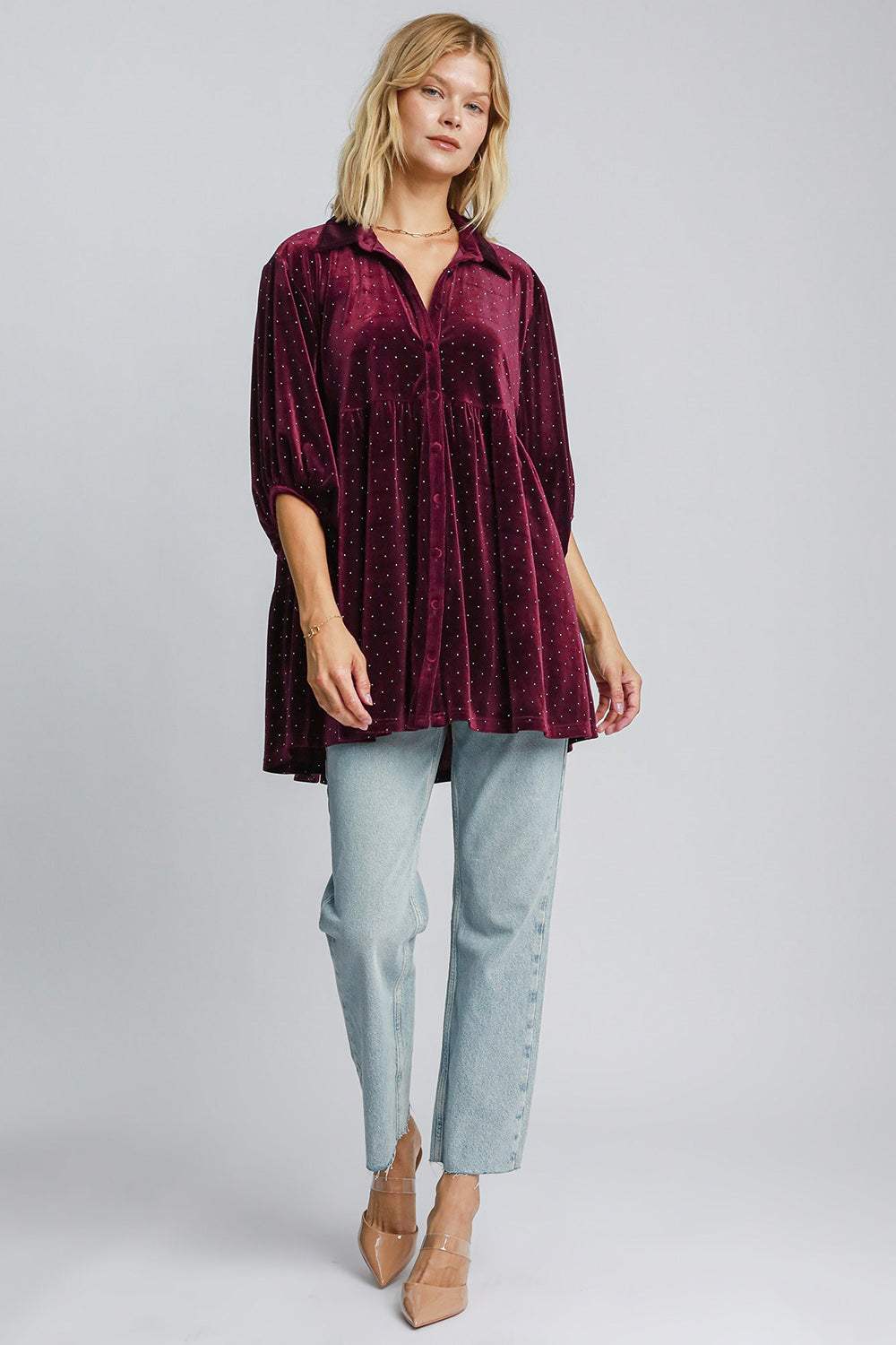 Umgee Full Size Polka Dot Button Up Half Sleeve Shirt - Trendsi - Flyclothing LLC