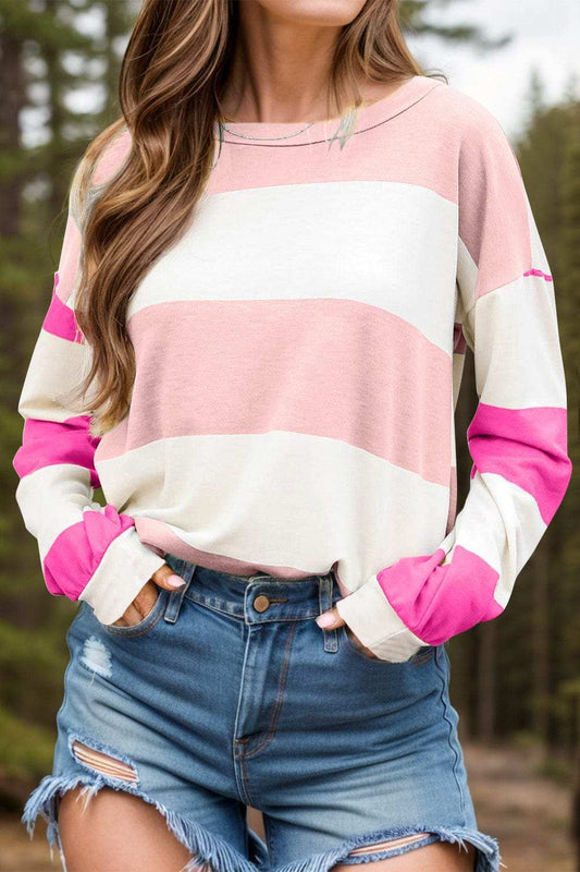 Contrast Color Block Round Neck Long Sleeve Top - Trendsi - Flyclothing LLC