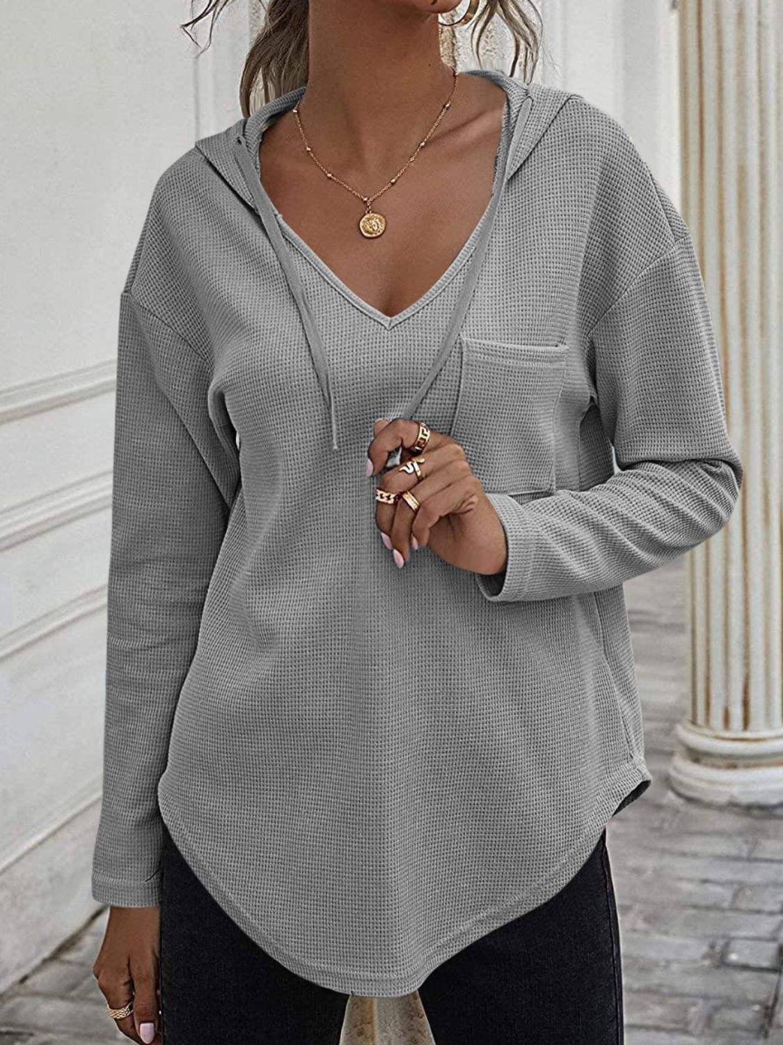 Drawstring Waffle Knit Long Sleeve Hooded Top - Trendsi - Flyclothing LLC