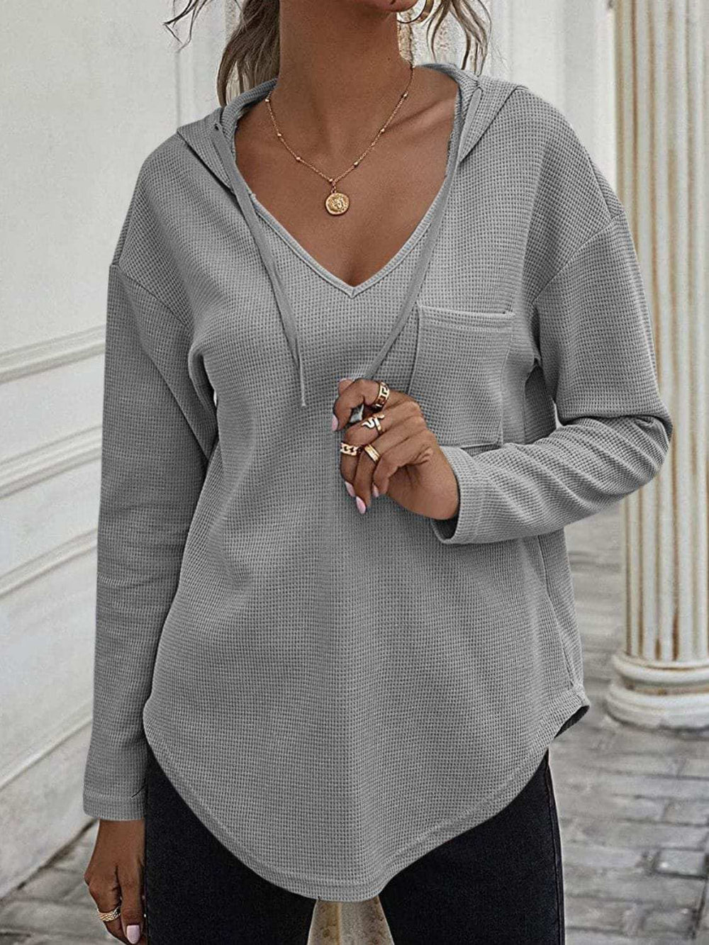 Drawstring Waffle Knit Long Sleeve Hooded Top - Trendsi - Flyclothing LLC