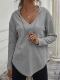 Drawstring Waffle Knit Long Sleeve Hooded Top - Trendsi - Flyclothing LLC