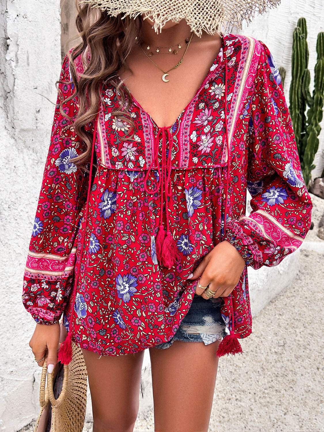 Printed Tie Neck Long Sleeve Blouse - Trendsi - Flyclothing LLC