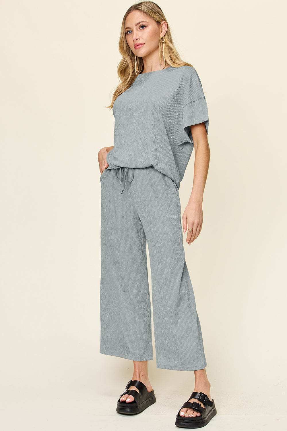 Double Take Full Size Texture Round Neck Short Sleeve T-Shirt and Wide Leg Pants - Trendsi - Flyclothing LLC