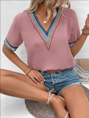 Full Size V-Neck Short Sleeve Blouse - Trendsi