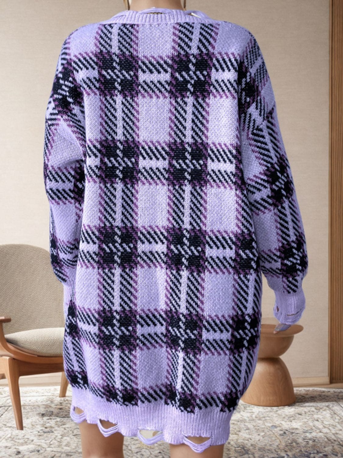 Distressed Plaid V-Neck Long Sleeve Sweater Dress - Trendsi