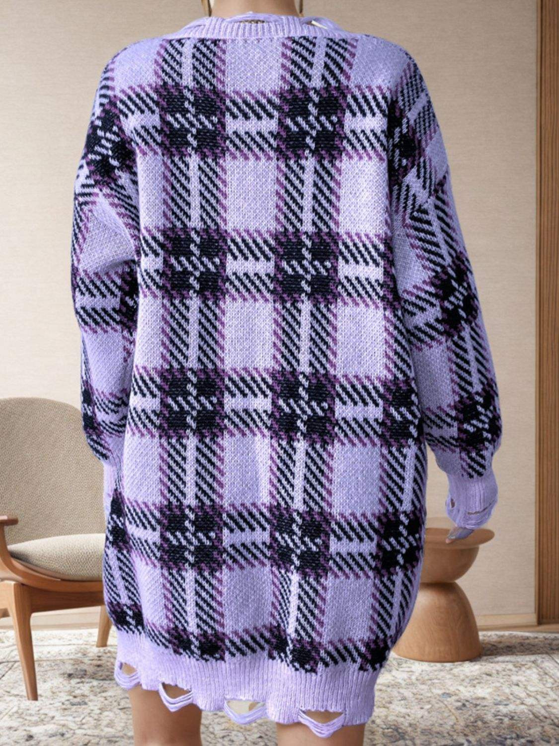 Distressed Plaid V-Neck Long Sleeve Sweater Dress - Trendsi - Flyclothing LLC