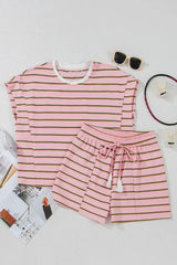 Stripe Wide Short Sleeve Tee and Short Set - Trendsi - Flyclothing LLC
