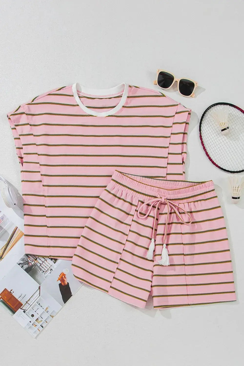 Stripe Wide Short Sleeve Tee and Short Set - Trendsi - Flyclothing LLC
