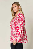 Double Take Full Size Printed Ruffle Trim Balloon Sleeve Shirt - Trendsi - Flyclothing LLC