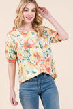 BOMBOM Floral Round Neck Puff Sleeve Top - Trendsi