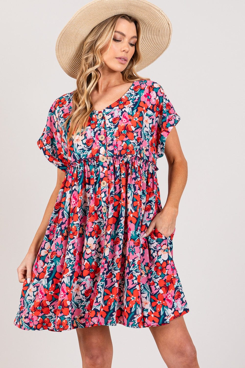 SAGE + FIG Floral Button Down Short Sleeve Mini Dress - Trendsi