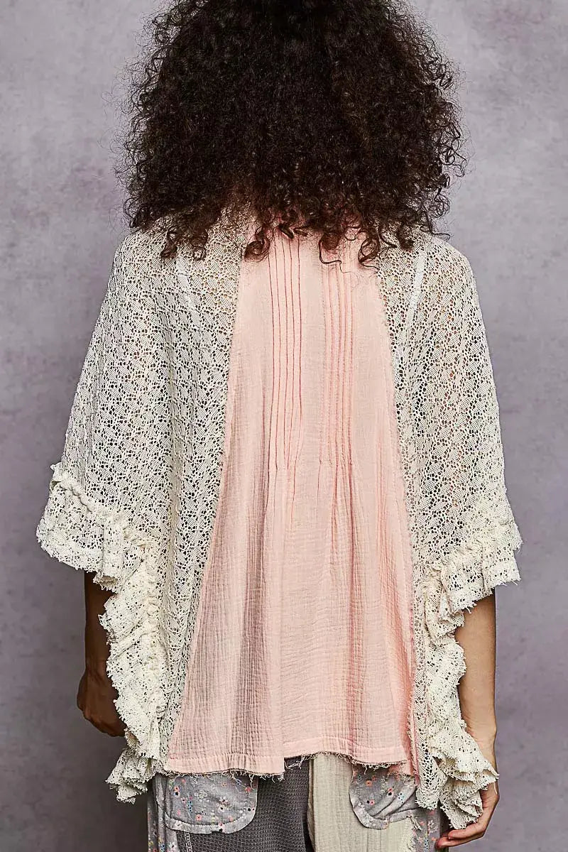 POL Button Down Front Pleated Shirt with Crochet Patch - Trendsi - Flyclothing LLC