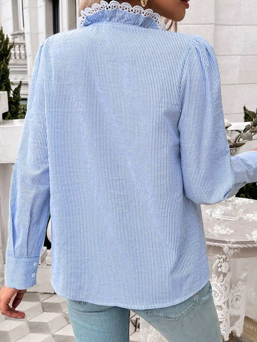 Lace Detail Ruffled Round Neck Long Sleeve Shirt - Trendsi - Flyclothing LLC