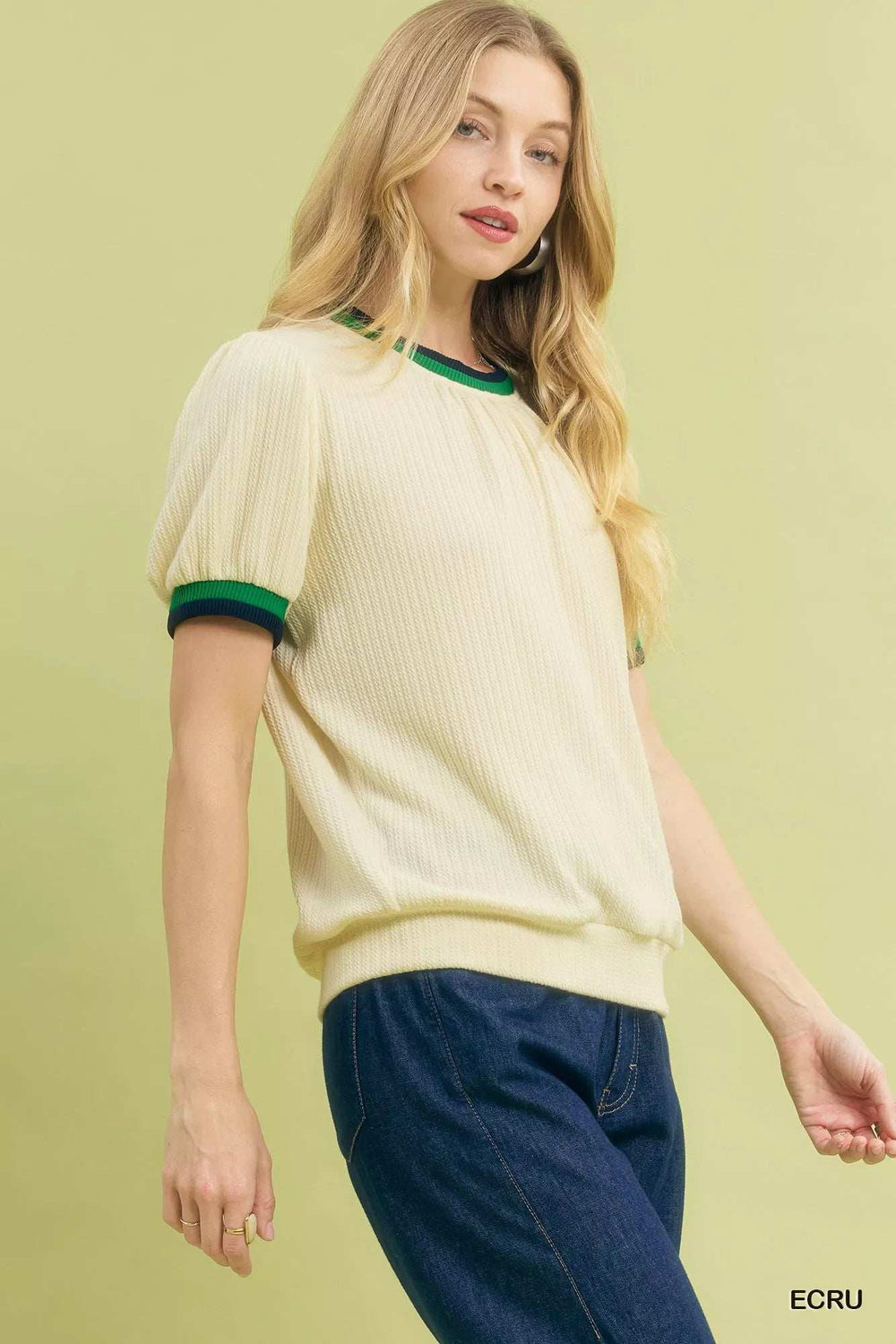 Umgee Puff Sleeve Knit Top with Contrast Rib Trim - Trendsi - Flyclothing LLC