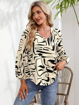 Printed Notched Long Sleeve Blouse - Trendsi - Flyclothing LLC