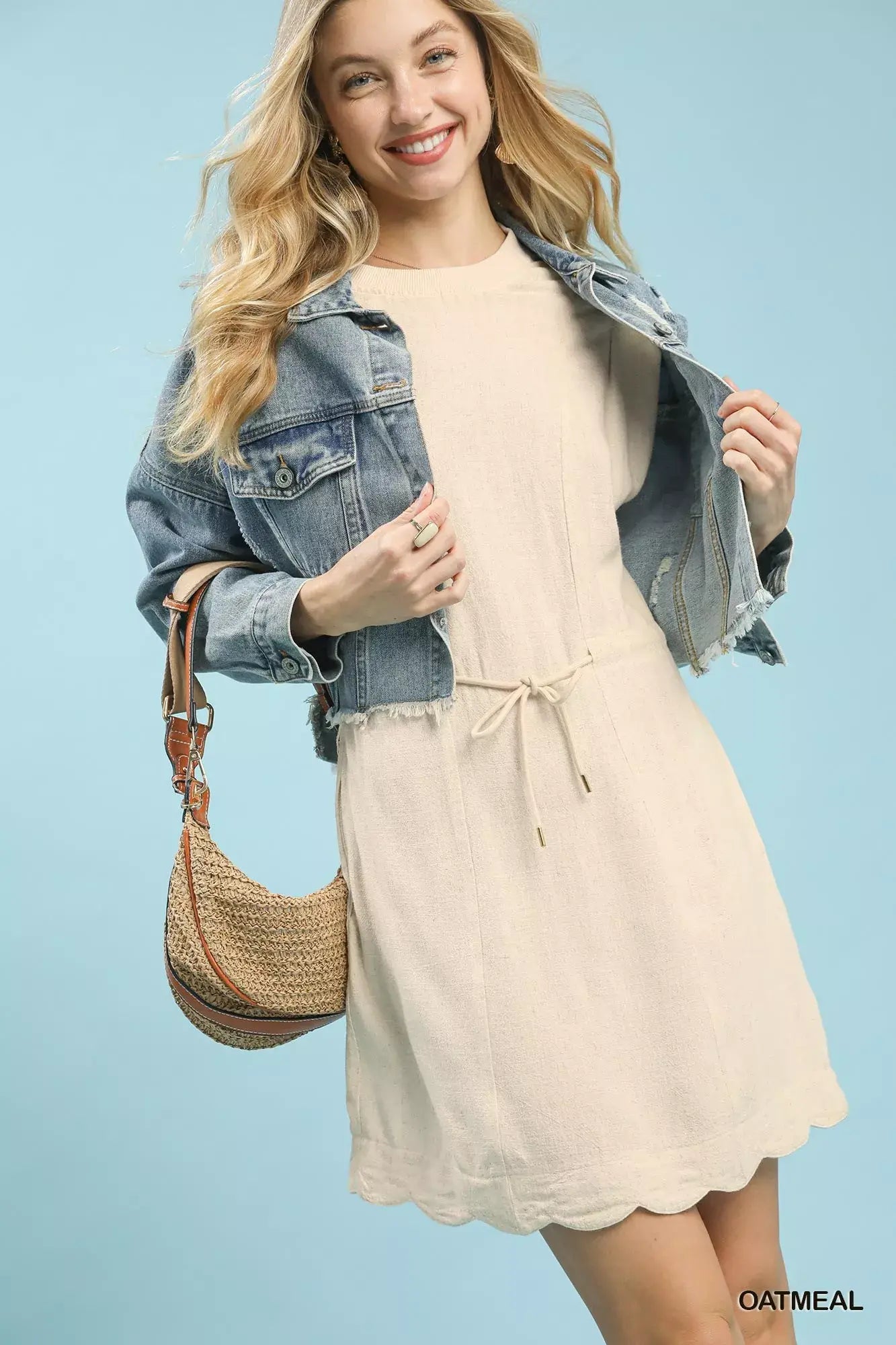 Umgee Linen Blend Scallop Hem Mini Dress - Trendsi - Flyclothing LLC