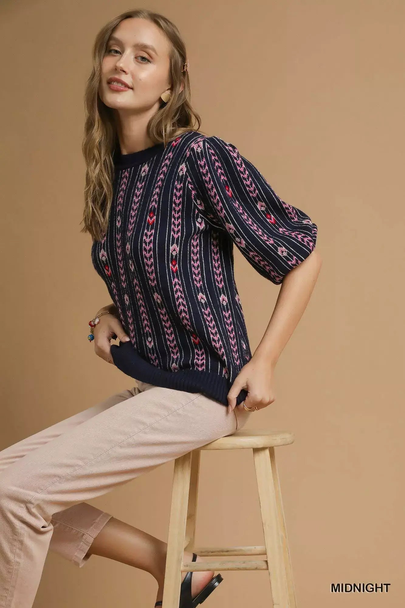 Umgee Jacquard Knit Puff Sleeve Sweater - Trendsi - Flyclothing LLC