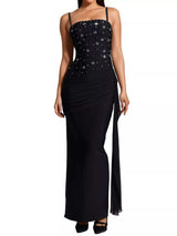 Rhinestone Slit Maxi Dress with Draping Detail - Trendsi - Flyclothing LLC