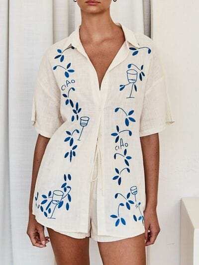 Embroidered Button Up Half Sleeve Top and Shorts Set - Trendsi - Flyclothing LLC