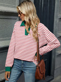 Striped Johnny Collar Long Sleeve Sweatshirt - Trendsi - Flyclothing LLC