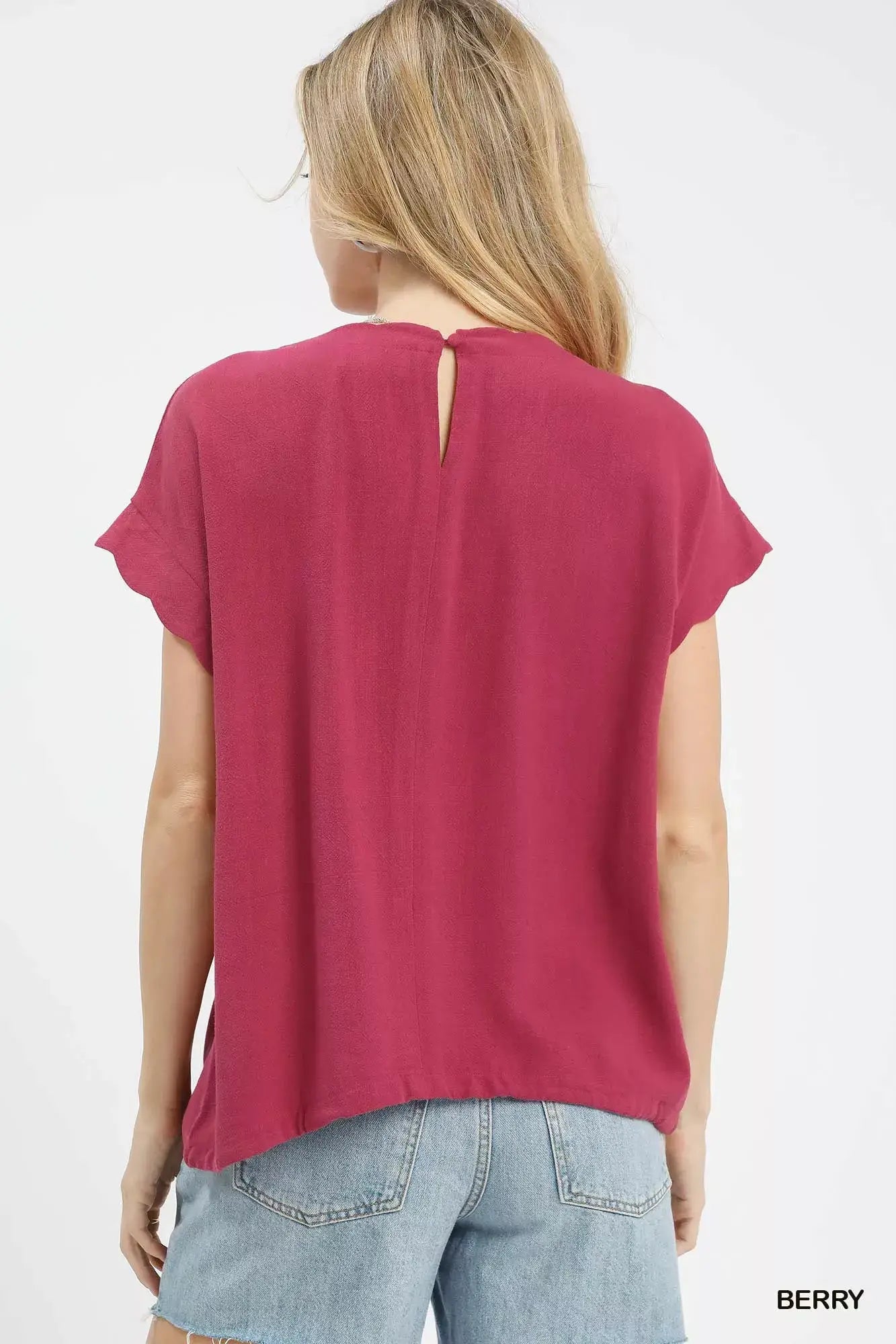 Umgee Linen Scalloped Round Neck Top - Trendsi - Flyclothing LLC