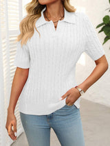 Mandy Cable Knit Johnny Collar Half Sleeve Sweater - Trendsi - Flyclothing LLC