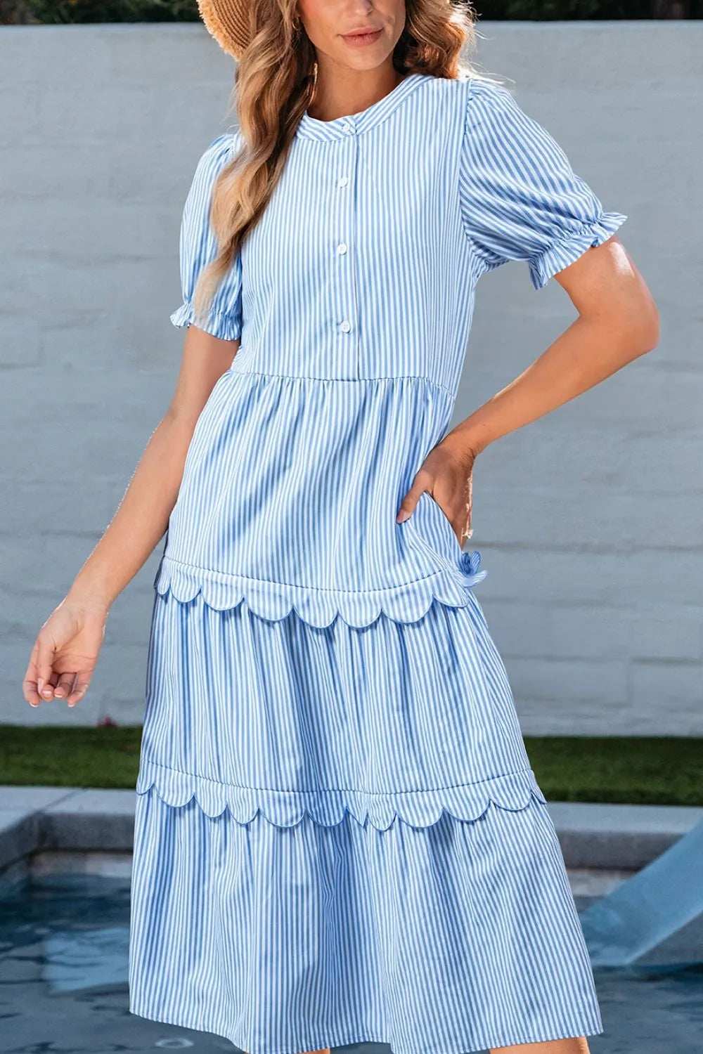 Stripe Bubble Short Sleeve Tiered Scallop Midi Dress - Trendsi - Flyclothing LLC