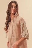 BiBi Jacquard Flower Puff Sleeve Hooded Knit Top - Trendsi - Flyclothing LLC